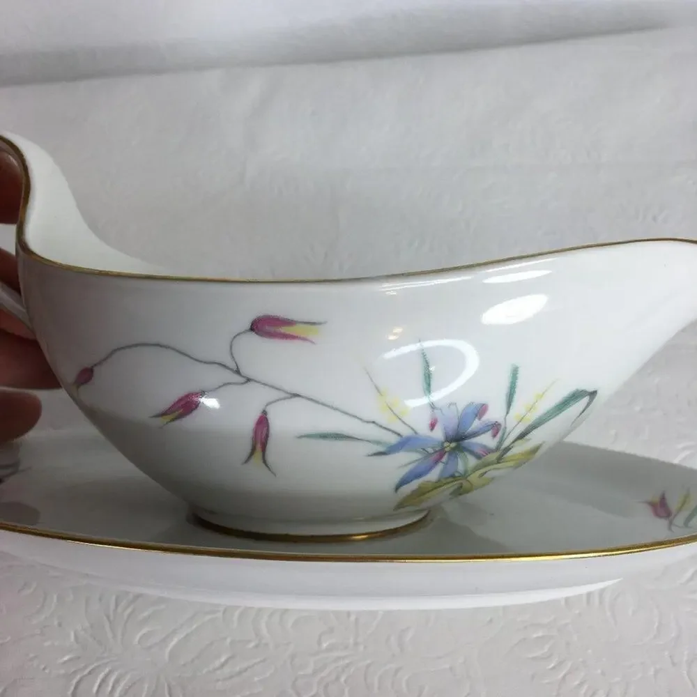 Vintage Eschenbach Gravy Boat with Underplate W1458 Pink Blue Gold Trim